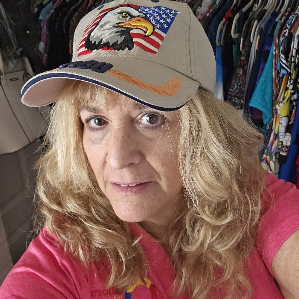 HUYU USA Ball Cap Beuge W Eagle & Flag OS Adj Fit Embroidered Edge